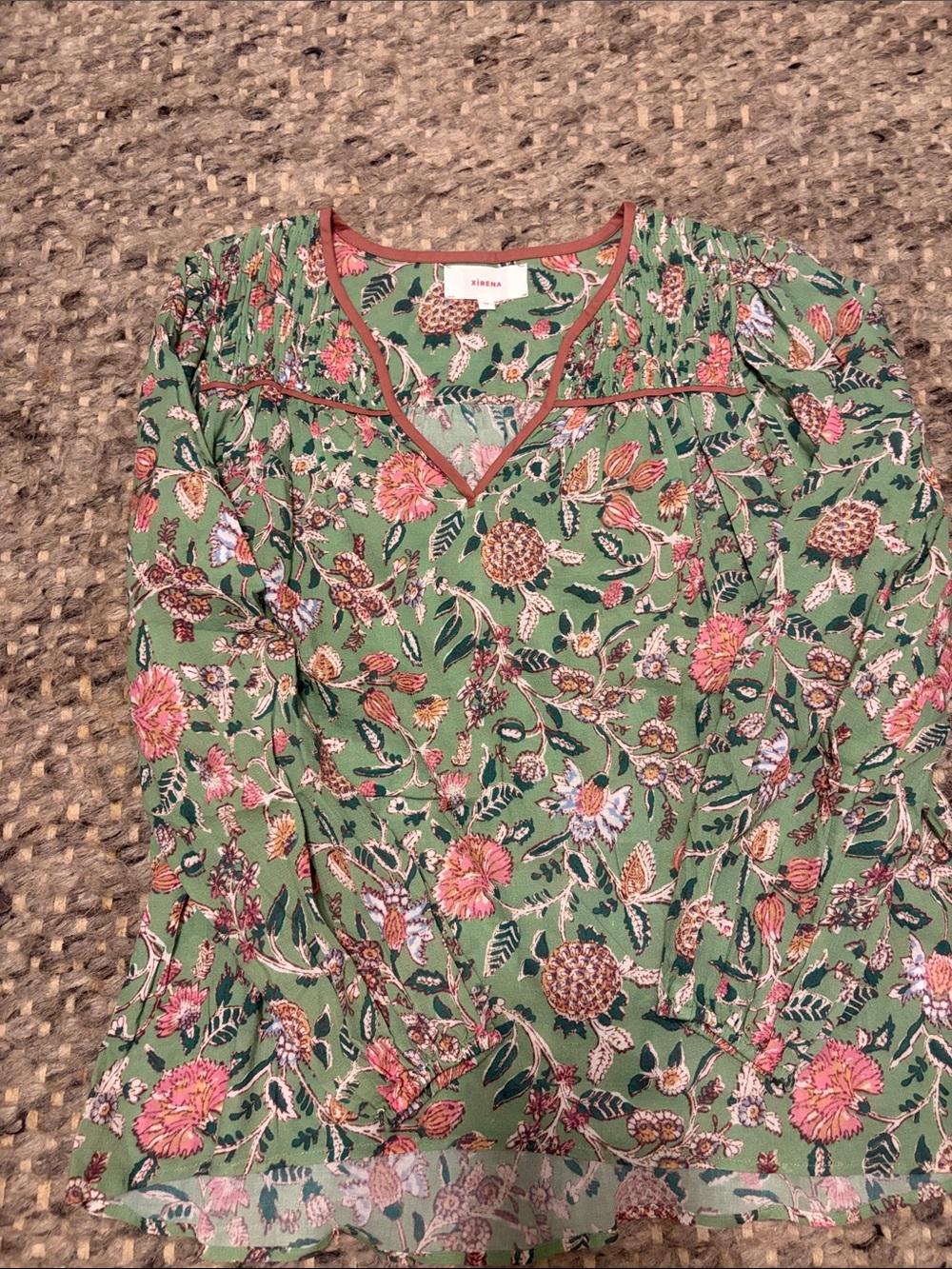 XirenaGreen Floral V-Neck Blouse with Pink Accent Trim